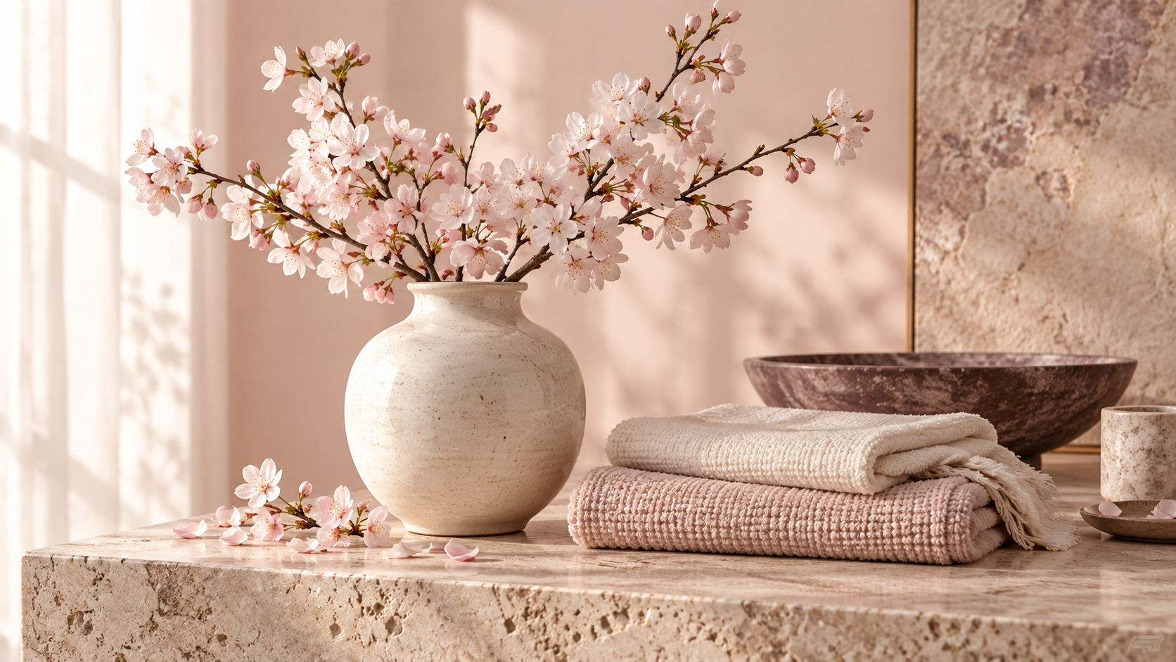Illustrative still life of pale blossom branches in a cream vase beside folded towels