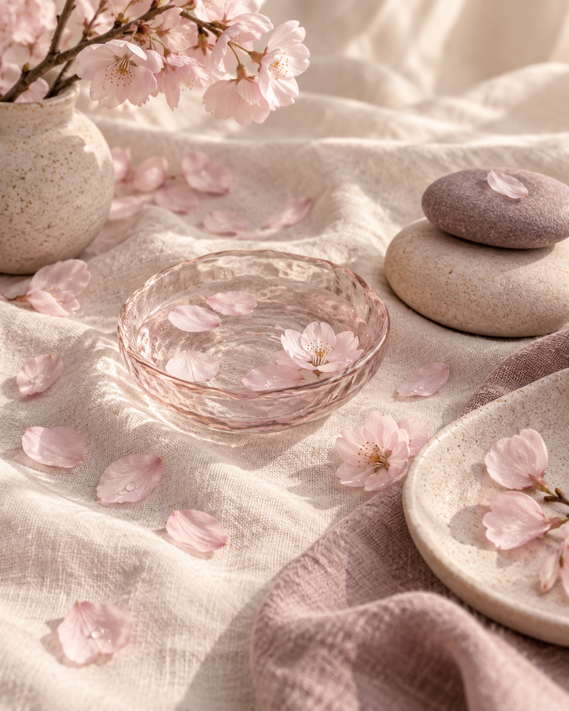Illustrative still life of blossom petals, a glass dish, and spa stones on linen